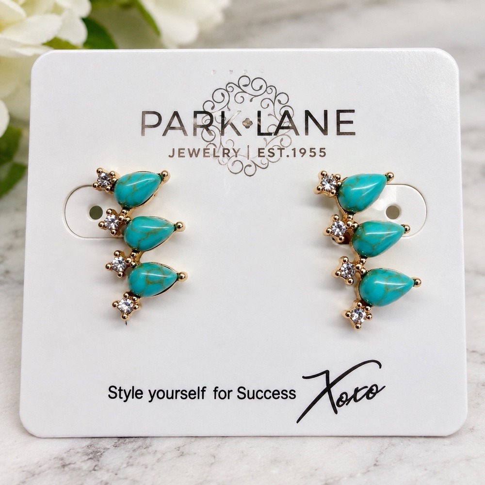 Park Lane Hula Earrings Turquoise Crystal Gold Tone Ear Climbers 3/4" Pierced